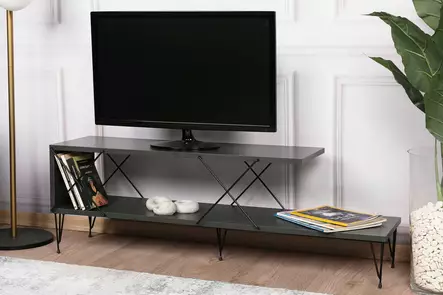 TV-taso, huonekalut, antrasiitti, 100% melamiinipinnoitettu lastulevy, rautajalat, 120x40x30 cm, useita hyllyjä - TV-tasot - 8683342427470 - 2