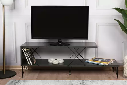 TV-taso, huonekalut, antrasiitti, 100% melamiinipinnoitettu lastulevy, rautajalat, 120x40x30 cm, useita hyllyjä - TV-tasot - 8683342427470 - 1