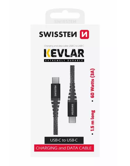 Latauskaapeli Kevlar USB-C/USB-C 1,5m Swissten - USB-C -kaapelit - 8595217481510 - 2