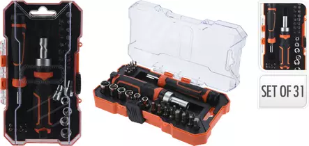 31-osainen räikkäruuvimeisseli- ja hylsysarja | monipuolinen korjaus- ja tee-se-itse työkalusetti - Ruuvimeisselit - 8721037129640 - 1