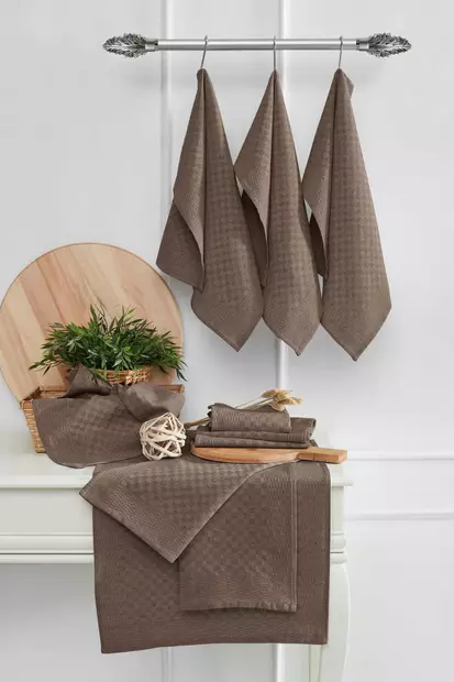 Keittiöpyyhesetti 10 kpl - 80% Puuvilla, 20% Polyesteri, 40x60 cm, Ruskea, Konepestävä 30 °C, Silitysmahdollisuus - Keittiötekstiilit - 8684283877140 - 1