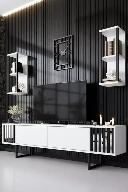 TV-taso, valkoinen/musta, 100% melamiinipinnoitettu, metallijalat, 180x30x48 cm, seinähyllyt 22x21x60 cm (2 kpl) - TV-tasot - 8683742126140 - 2