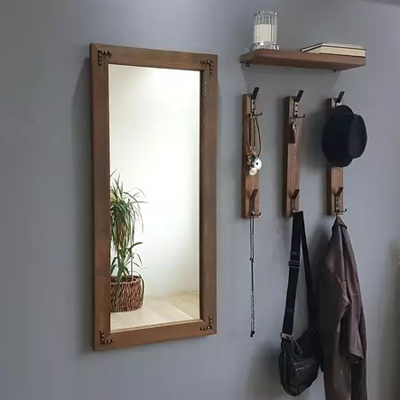 Walnut Hall Stand - 100% Pine Solid Wood, Mirror 50x110 cm, Wall Shelf 50x15 cm, 3 Hooks, Wall-Mountable - Pöydät - 8681875708080 - 2