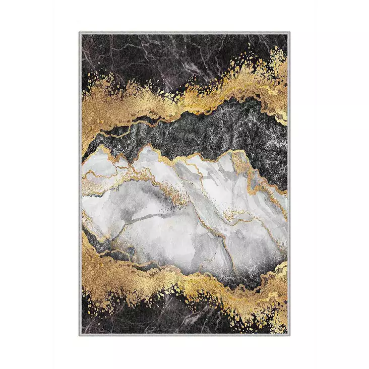 160 x 230 cm Antibakteerinen 3D Digitaalipainettu Matto - Valkoinen Harmaa Kulta Musta - Konepestävä Polyesteri - Suuret ja keskikokoiset matot - 8683742605720 - 1