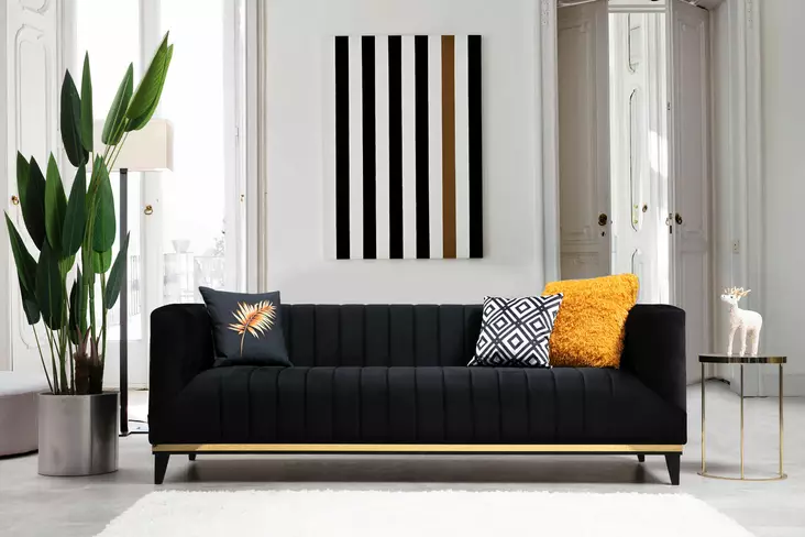 3-istuttava sohva, musta kulta, 222 cm x 89 cm x 75 cm, ylellinen, mukava, kestävä - Sohvat - 8683342766470 - 1