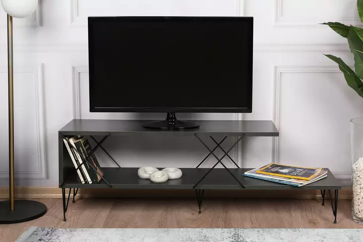 TV-taso, huonekalut, antrasiitti, 100% melamiinipinnoitettu lastulevy, rautajalat, 120x40x30 cm, useita hyllyjä - TV-tasot - 8683342427470 - 1