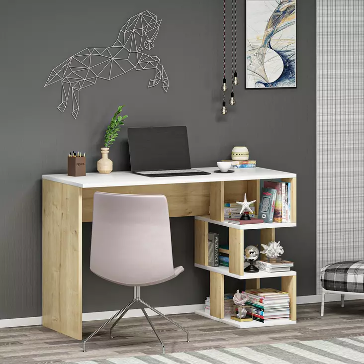 Moderni Opiskelupöytä - Valkoinen Safiiritammi, 100% Melamiinipinnoitettu, 110x73,8x50 cm, Useita Hyllyjä - Työpöydät - 8683342399920 - 1