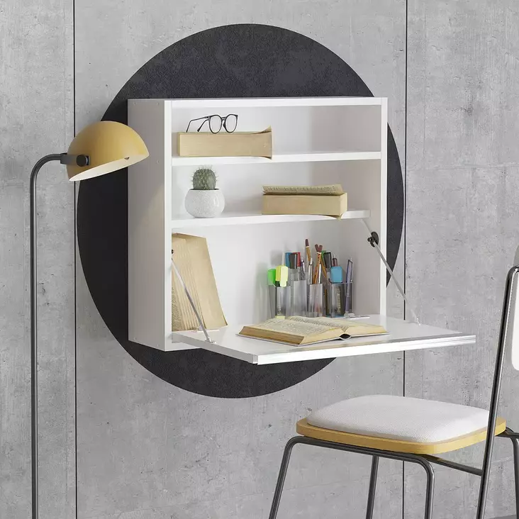 Moderni Valkoinen Opiskelupöytä - 100% Melamiinipinnoitettu, 18 mm Paksuus, 64x60x20 cm, Useita Hyllyjä - Työpöydät - 8681875025590 - 1