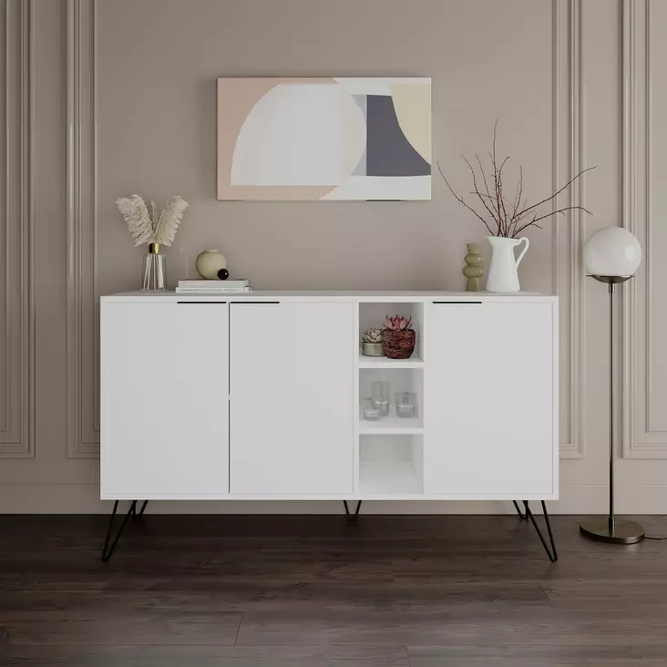 Konsoli, valkoinen, 142 cm leveä, kestävä, runsaasti säilytystilaa - Lipastot ja senkit - 8683743096800 - 1