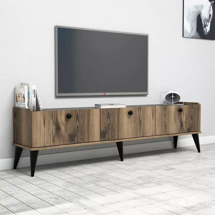 TV-taso, Huonekalut, Pähkinä Marmori, 100% Melamiinipinnoitettu Lastulevy, 180x49x35 cm, Useita Hyllyjä, Seinään Kiinnitettävä - TV-tasot - 8681875807660 - 1