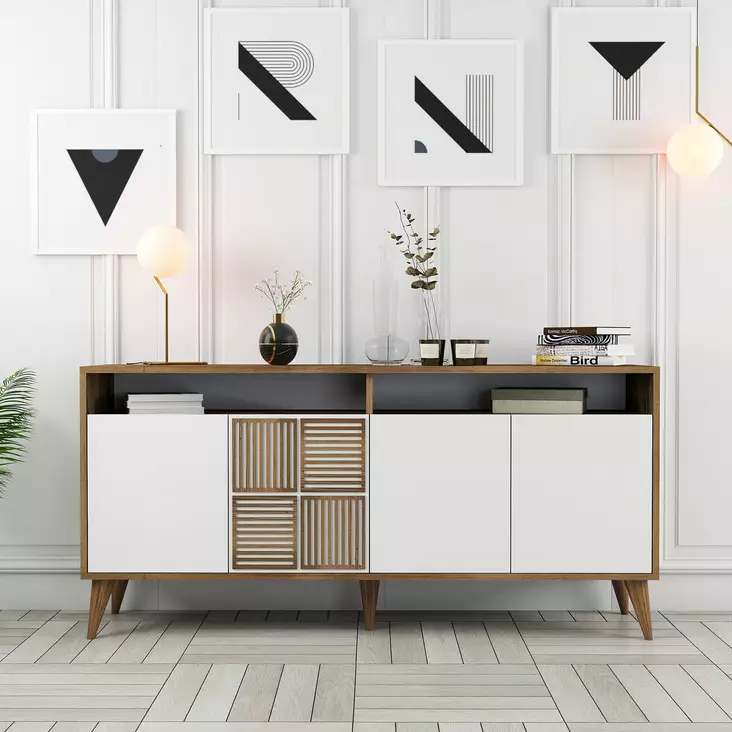 Moderni Konsoli - Pähkinä Valkoinen - 100% Melamiinipinnoitettu - 160x78x35 cm - Useita Hyllyjä ja Lisäsäilytystilaa - Lipastot ja senkit - 8683743027880 - 1