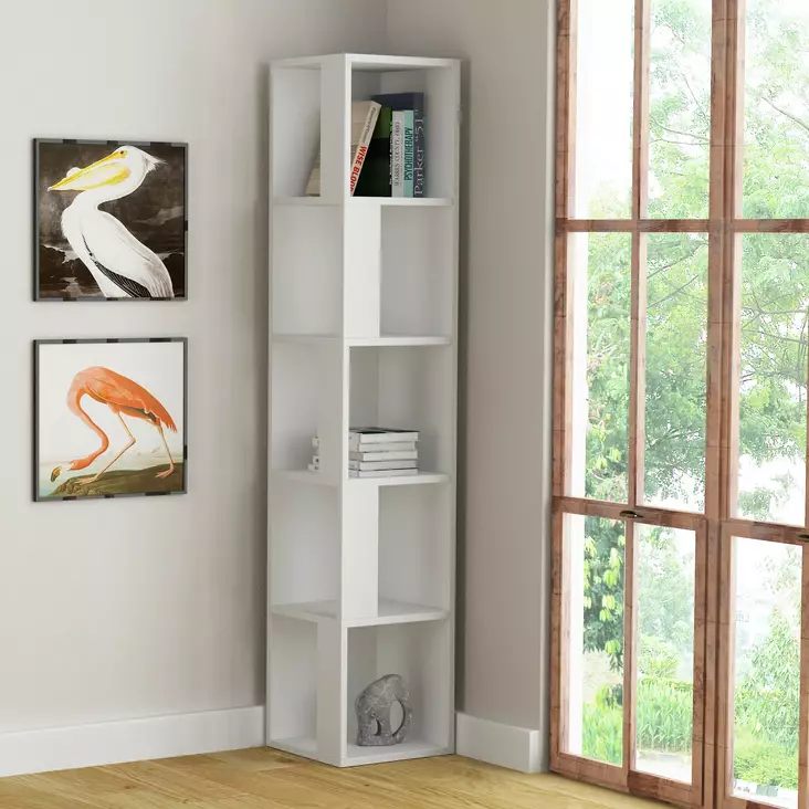 Valkoinen Kirjahylly - 100% Melamiinipinnoitettu Lastulevy, 18mm, 34x161x34cm, Useita Hyllyjä, Kiinnitettävä Seinäkiinnitys - Kirjahyllyt - 8681875276350 - 1