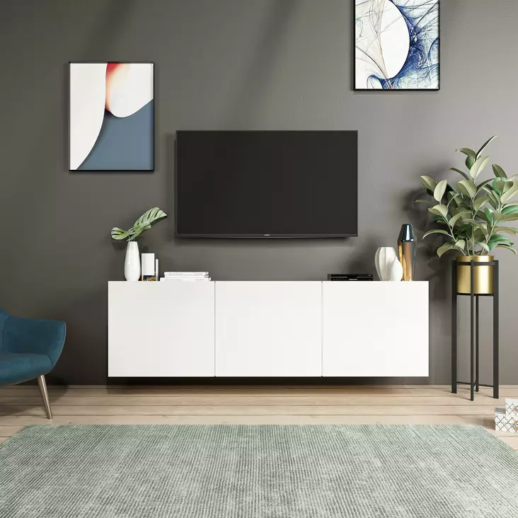 Valkoinen TV-taso, 150x44x31 cm, 100% melamiinipinnoitettu, useita hyllyjä, seinäkiinnitys, moderni ja tyylikäs -  - 19-19-8682870286610 - 1