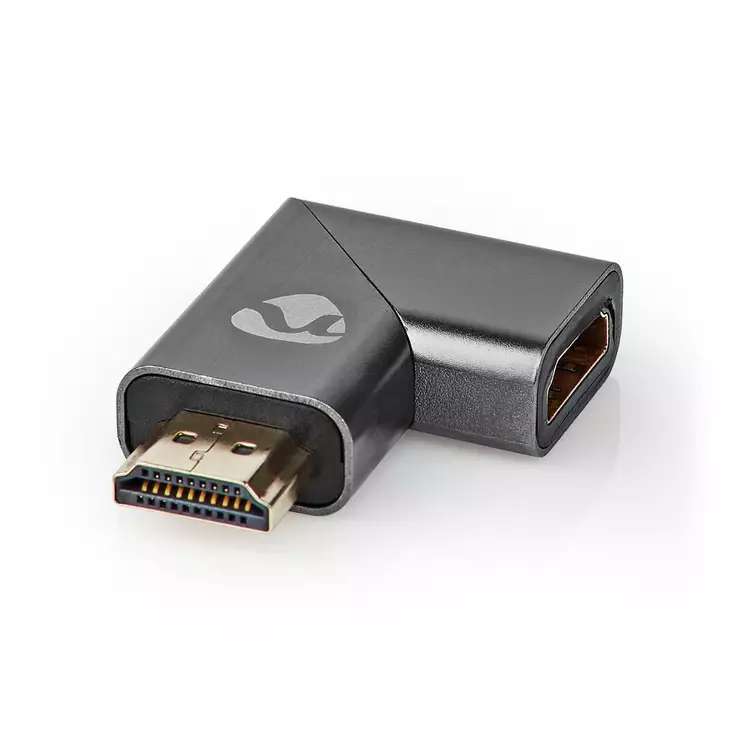 HDMI -sovitin | HDMI liitin / HDMI uros | HDMI Ulostulo | Kullattu | Kulma oikealle | Alumiini | Gun Metal Harmaa | 1 kpl | Laatikko kannella ja ikkunalla - Videoliittimet ja plugit - 5412810333240 - 1
