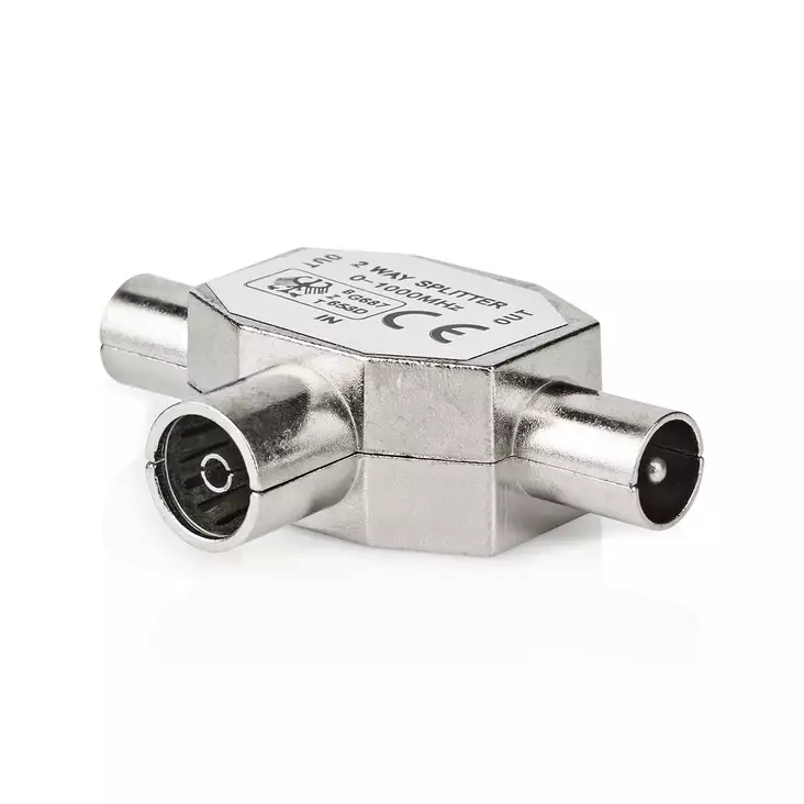 Satelliitti- ja antenni-sovitin | 2x koaksiaali uros | IEC (Coax) Naaras | Niklattu | 75 Ohm | T-jakaja | Metalli | Hopea | 1 kpl | Laatikko - Antenniliittimet ja adapterit - 5412810289530 - 1