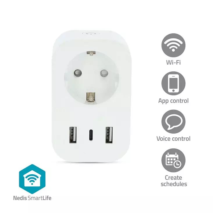 SmartLife Älypistorasia | Wi-Fi | IP21 | Virtamittari | 3680 W | Type F (CEE 7/7) / 1x USB-C / 2x USB | 0 - 55 °C | Android / IOS | Valkoinen | 1 kpl - Älypistorasiat - 5412810448340 - 1