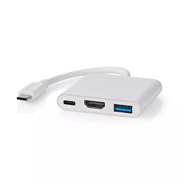USB N Moniporttisovitin | 3-in-1 | USB 3.2 Gen 1 | USB-C Uros | HDMI Ulostulo / USB-A Naaras / USB-C Naaras | 5 Gbps | 0.10 m | Pyöreä | Niklattu | PVC | Valkoinen | Laatikko - Tietokone ja verkko - 5412810416080 - 1