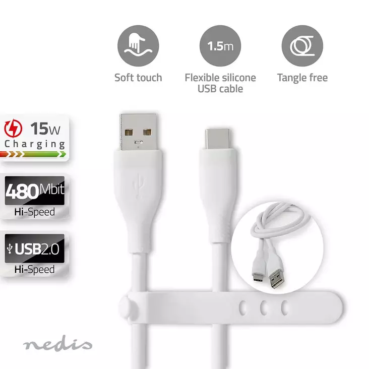USB kaapeli | USB 2.0 | USB-A Uros | USB-C Uros | 15 W | 480 Mbps | Niklattu | 1.50 m | Pyöreä | Silikoni | Valkoinen | Laatikko - Tietokone ja verkko - 5412810417940 - 1