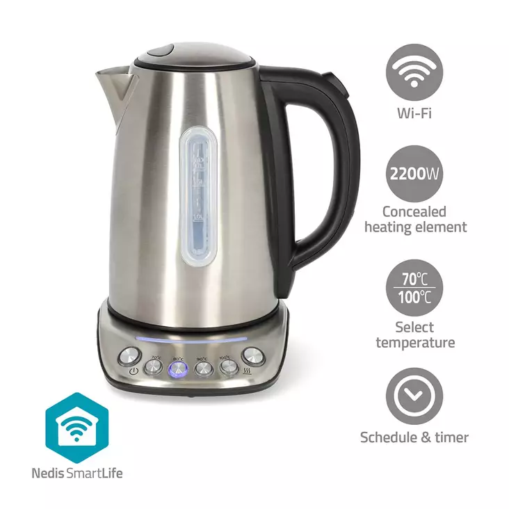 SmartLife Vedenkeitin | Wi-Fi | 1.7 l | Ruostumaton Teräs | 70,80,90,100 °C | Lämpötilan indikaattori | Pyörivä 360 astetta | Piilotettu lämmityselementti | Strix® ohjain | Android / IOS - Kahvinkeittimet ja vedenkeittimet - 5412810448210 - 1