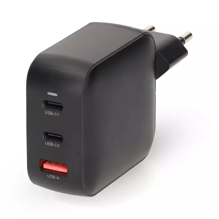 Seinälaturi | 100 W | GaN | PD3.0 | 2.5 / 3.0 / 5.0 A | Lähtöliitäntöjen määrä: 3 | USB-A / 2x USB-C | Automaattinen Jännitteen Valinta | Musta - Verkkolaturit - 5412810470150 - 1