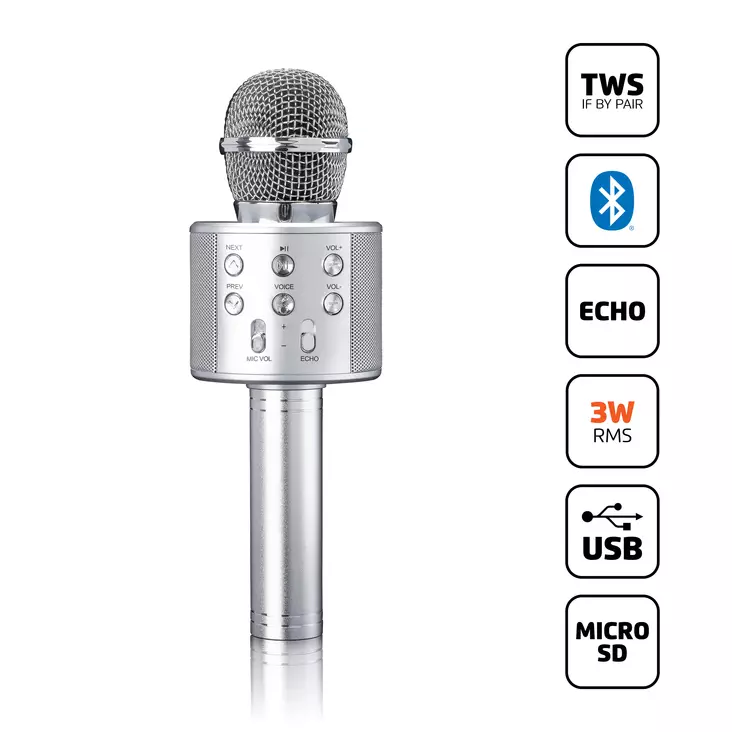 Karaokemikrofoni Bluetooth-kaiuttimella, USB- ja Micro SD-soittimella. - Mikrofonit ja karaokelaitteet - 8711902087830 - 1