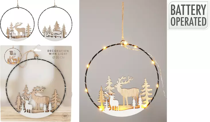 Led-valaisinrengas 20 cm – paristokäyttöinen puinen riippukoriste lämpimällä valkoisella valolla - Jouluvalot - 8721037124850 - 1