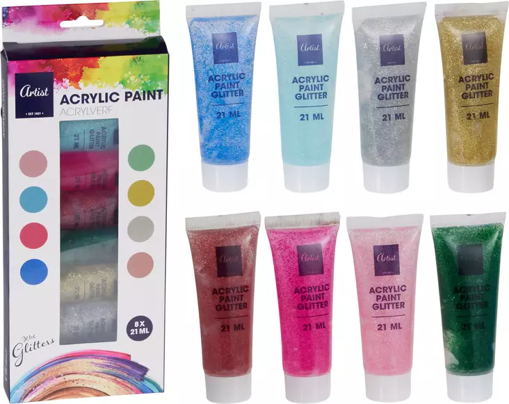 Akryylivärisetti glitterillä, 8 väriä - Akryylimaalit- ja värit - 8721037840880 - 1