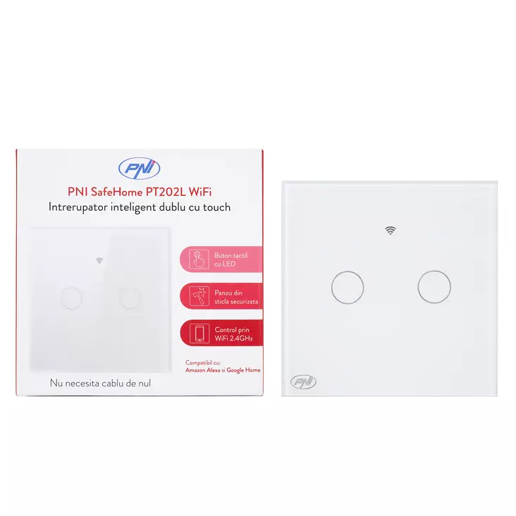 Älykäs kosketuskytkin PNI SafeHome PT202L WiFi, 10A, ohjaus PNI Smart- tai Tuya-sovelluksen kautta, yhteensopiva Alexan ja Google Assistantin kanssa - Live Wire, ilman nollaa - Kytkimet - 5949066523090 - 1