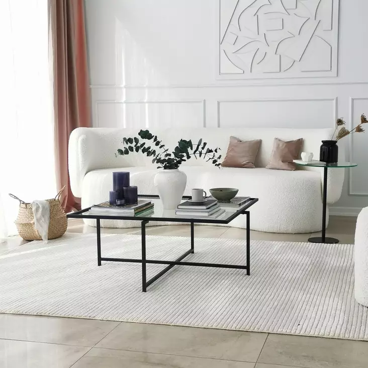 Moderni Teollinen Musta sohvapöytä - 100% Karkaistu Lasi, Metallijalat, 85x85x35 cm, Sähköstaattinen Maalaus - Sohvapöydät - 8683342949590 - 1