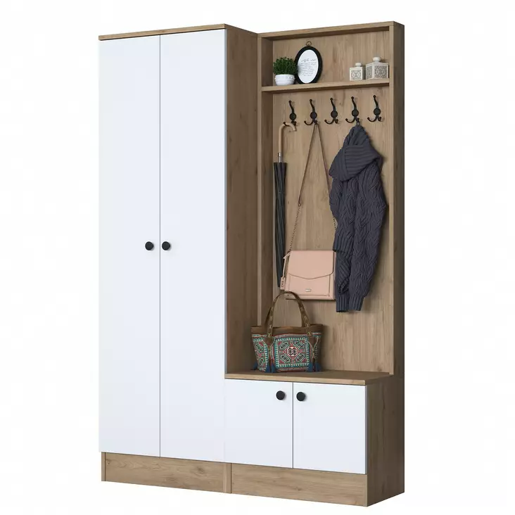Hall Standi - Tyylikäs Valkoinen Pähkinä, 100% Melamiini E1 Laatu, 18mm, 119,6x182,8x35,5cm, Useita Hyllyjä, Kiinnitettävä - Eteiskaapit - 8683743764600 - 1