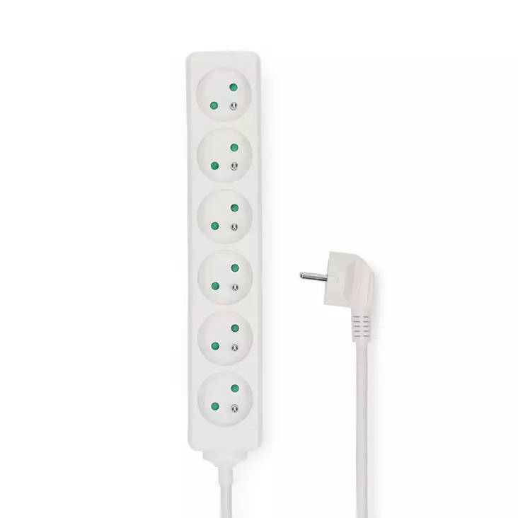 Jatkojohto | Maadoitettu virtaliitin / Tyyppi F (CEE 7/7) | 6-suuntainen | 3.00 m | 3680 W | 16 A | Maadoituksen tyyppi: Sivukontaktit | 230 V AC 50/60 Hz | Pistokannan kulma: 45 ° | H05VV-F 3G1.5mm² | Valkoinen - Jatkojohdot - 5412810466030 - 30