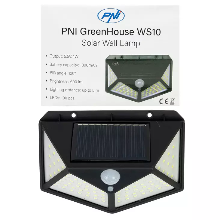 LED aurinkolamppu PNI GreenHouse WS10, 100 lediä, 600 lm, PIR kulma 120 astetta, akku 1800 mAh, seinäasennus - PNI tuotteet - 5949066535710 - 1