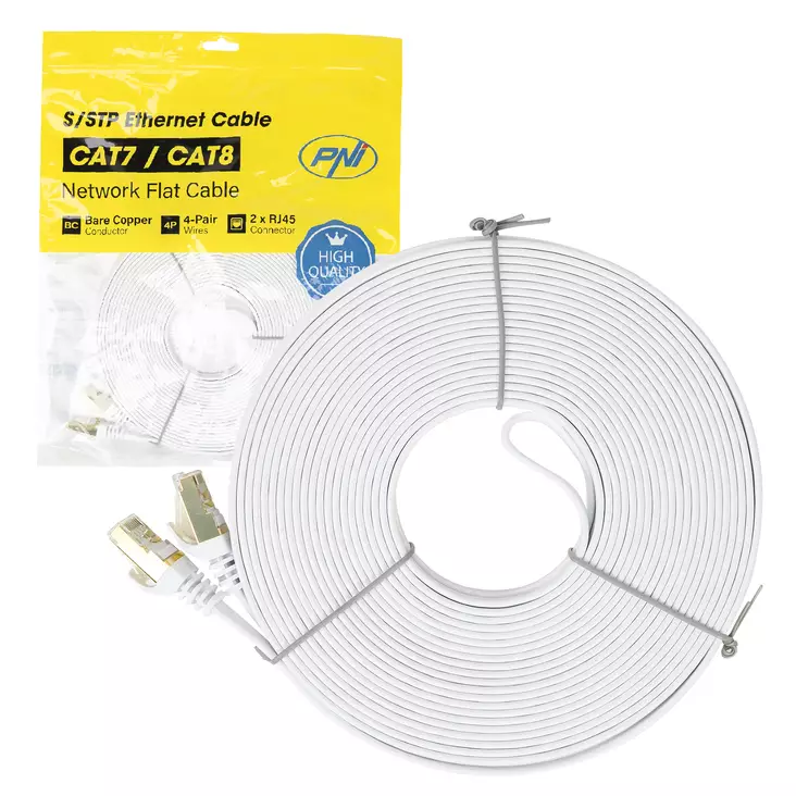 Litteä verkkokaapeli S/STP CAT7 PNI U7150W, 2 x RJ45, 4 paria johtoja, 32AWG, kupari, 10 Gbps, 600 MHz, 15m, valkoinen - PNI tuotteet - 5949066538650 - 1