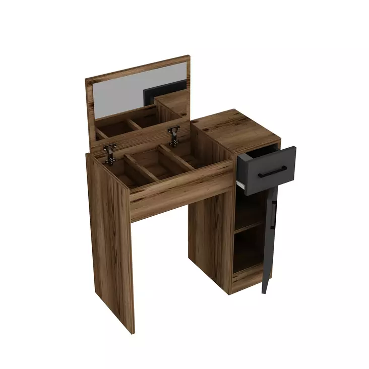 Meikkipöytä - Valmistettu 100% Melamiinipinnoitetusta Lastulevystä, Väri: Vaalea Pähkinä Antrasiitti, Mitat: 77x108,8x37,3 cm - Meikkipöydät - 8684282529200 - 1