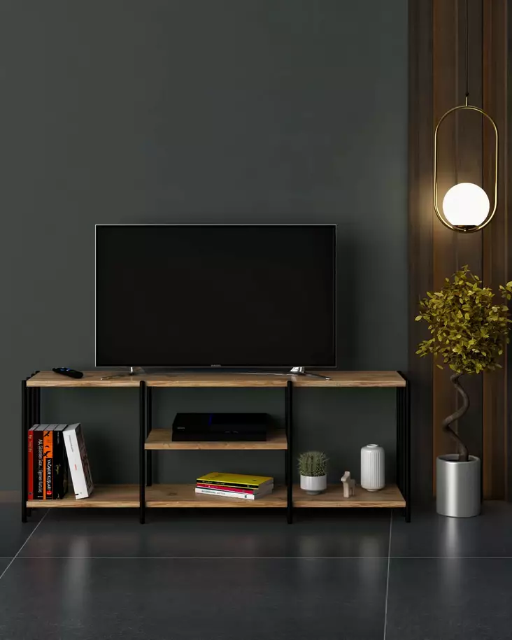 Moderni Musta TV-taso - 124x46x26 cm - Kestävä Metalli- ja Melamiinipinnoite - Monikäyttöinen Säilytysratkaisu - TV-tasot - 8683743247240 - 1