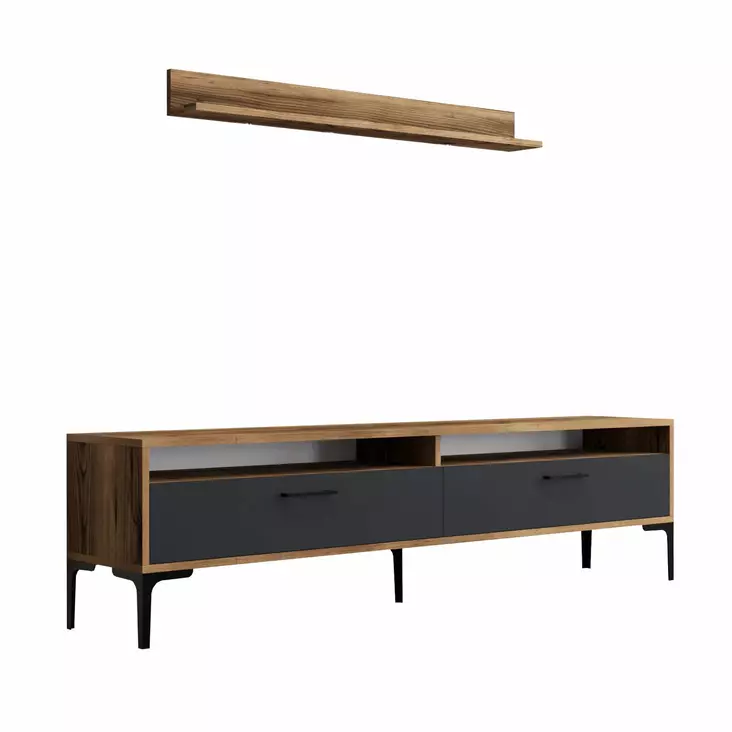 Moderni TV-taso, 180 cm, Pähkinä-Antrasiitti, 100% Melamiinipinnoitettu, Useita Hyllyjä, Metallijalat, 18 mm Paksuus - TV-tasot - 8683342718950 - 1