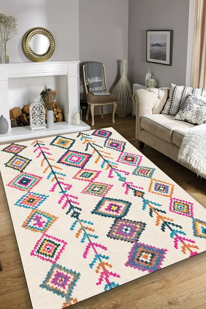 Monivärinen 200 x 290 cm Matto - 100% Polyesteri, Antibakteerinen, Konepestävä, Liukumaton, 10 mm Nukka, 8 mm Paksuus - Suuret ja keskikokoiset matot - 8683342440080 - 1