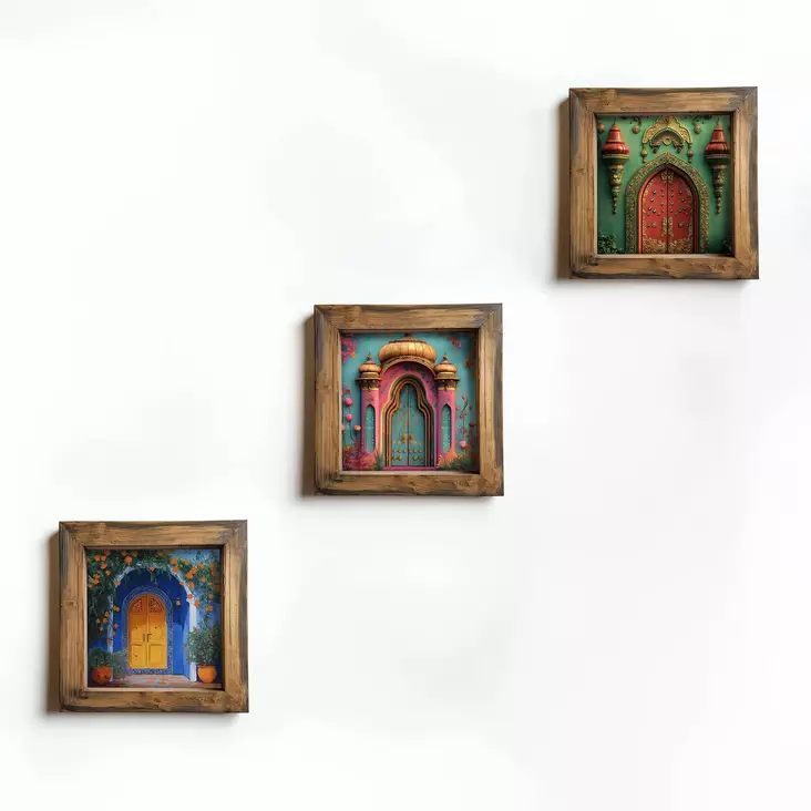 Monivärinen Koristeellinen Kehystetty MDF-Maalaus 3 kpl - 16x16x2 cm - UV-Painettu - 100% Kuusipuu Kehys - Taulut ja kehykset - 8684283650200 - 1