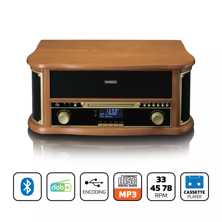 Puinen retrolevysoitin, jossa on Bluetooth®, DAB+/FM-radio, USB-koodaus, CD-soitin, kasettisoitin ja sisäänrakennetut kaiuttimet. - Levysoittimet ja neulat - 8711902082910 - 1