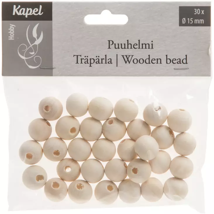 Puuhelmi 15 mm 30 kpl Natural - Askartelumateriaalit ja tarvikkeet - 6410412960160 - 1