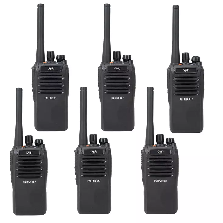 Sarja 6 kannettavaa radioasemaa PNI PMR R17 446MHz, 0,5W, 16 PMR-kanavaa ja 50 CTCSS- ja 104 DCS-ääntä, ohjelmoitava, Li-Ion 2200 mAh, IP68 - PNI tuotteet - 5949066542800 - 1