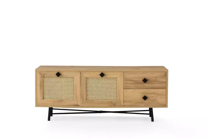 TV-taso, Huonekalut, Tammi Musta, 100% Melamiinipinnoitettu Lastulevy, 18mm, 140x60x40cm, 2 Vetolaatikkoa, Hyllyt, Seinäkiinnitys - TV-tasot - 8682870168640 - 1