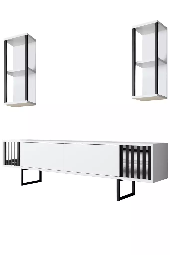 TV-taso, valkoinen/musta, 100% melamiinipinnoitettu, metallijalat, 180x30x48 cm, seinähyllyt 22x21x60 cm (2 kpl) - TV-tasot - 8683742126140 - 1