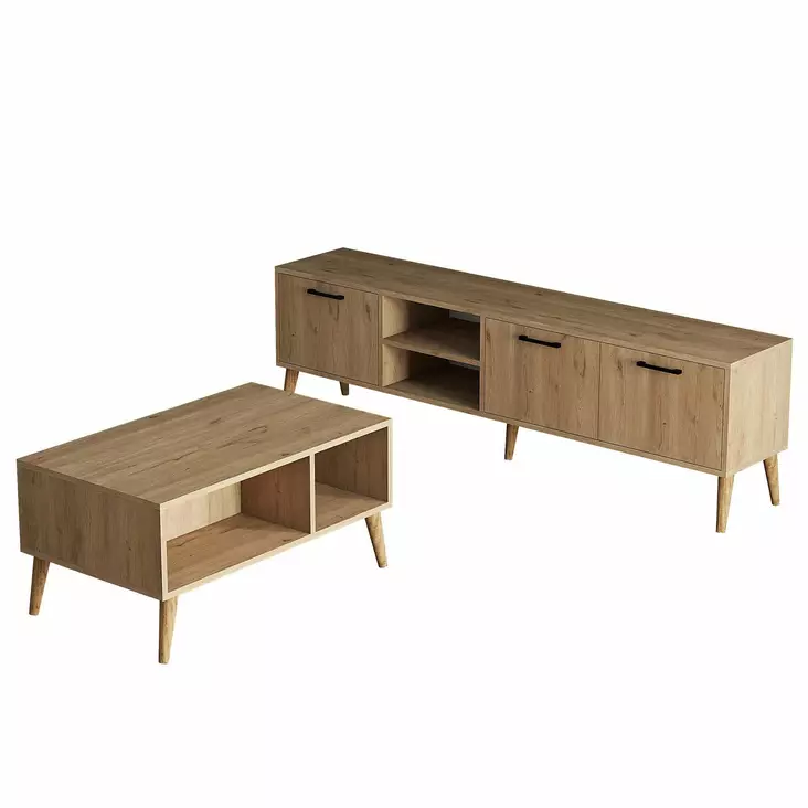 Tyylikäs Olohuoneen Kalustesetti - Tammi - TV-taso 180x53x35 cm, Lipasto 180x35 cm, 2-Tasoinen Sohvapöytä 90x54x41,6 cm - Huonekalut - 8683742470830 - 1