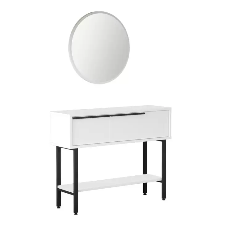Valkoinen 100 cm Leveä Sideboard Peilillä - 100% Melamiinipinnoitettu, Metallijalat, 18 mm Paksuus, 76 cm Korkeus - Huonekalut - 8684282369530 - 1