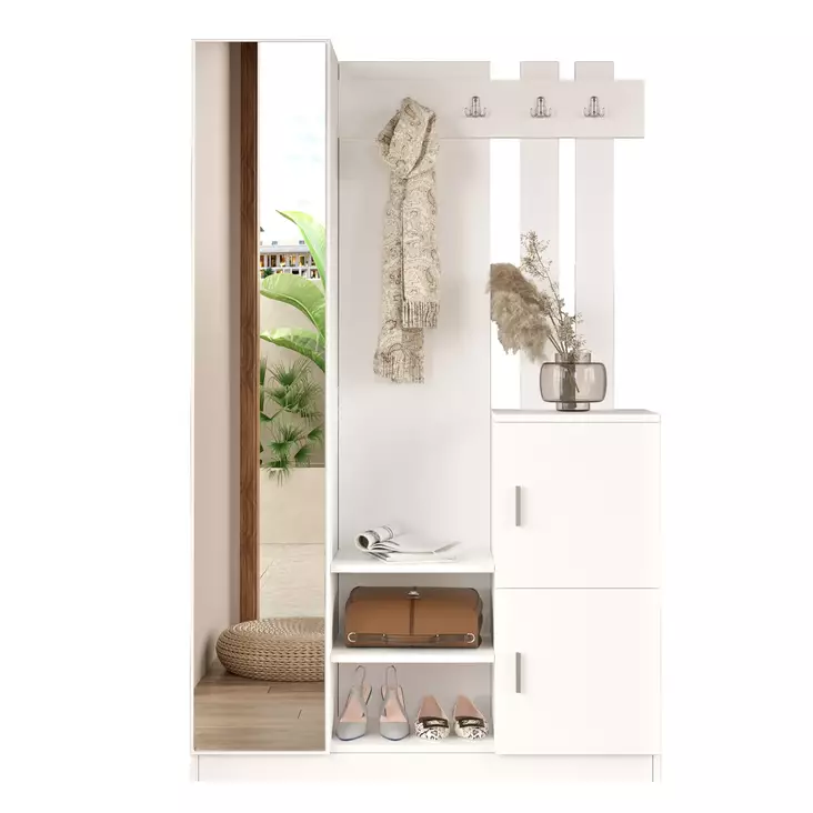 Valkoinen Hall Stand - 100% Melamiinipinnoitettu Lastulevy, 18mm Paksuus, 113,6cm Leveys, 180cm Korkeus, 35cm Syvyys - Eteiskaapit - 8683742125860 - 1