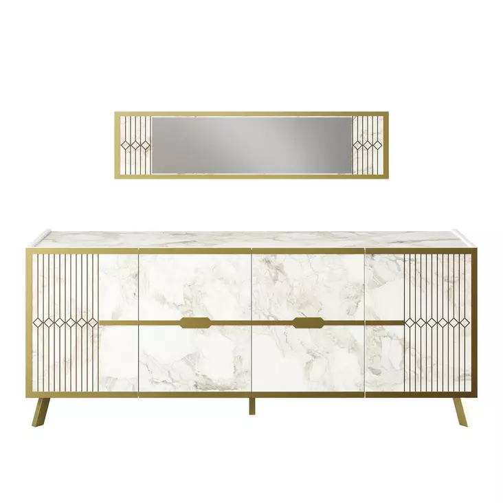 Valkoinen Konsoli 100% Melamiinipinnoitettu Lastulevy 18 mm Metallijalat Peili 120x29,5 cm Konsoli 180x72x46 cm - Lipastot ja senkit - 8682870664760 - 1