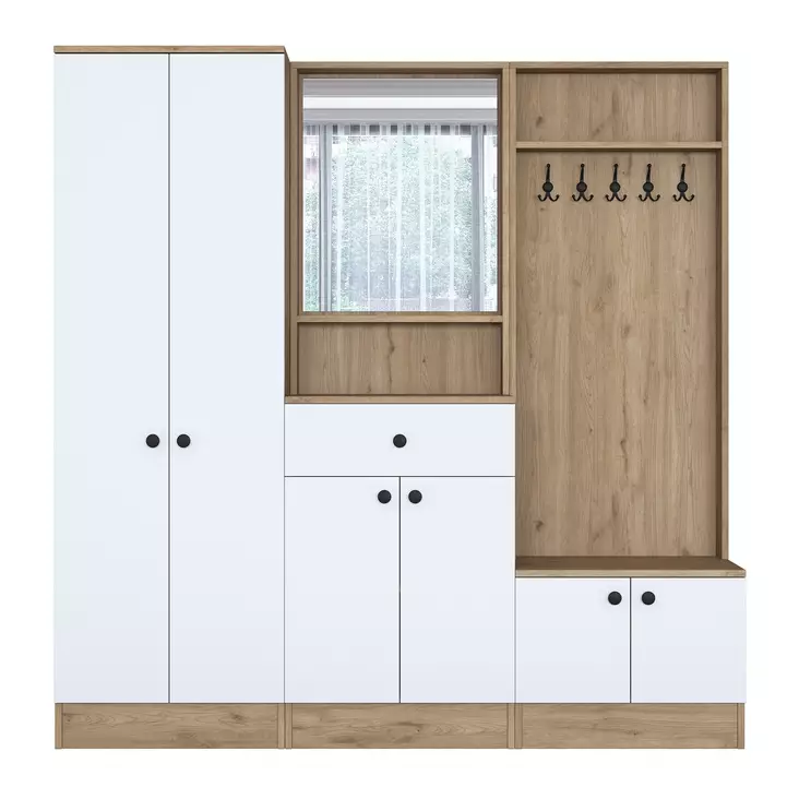 Valkoinen Pähkinä Hall Stand - 100% Melamiinipinnoitettu E1 Laatu Lastulevy, Useita Hyllyjä, Kiinnitysmahdollisuus Seinäkiinnitys - Eteiskaapit - 8683743764570 - 1