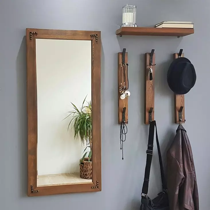 Walnut Hall Stand - 100% Pine Solid Wood, Mirror 50x110 cm, Wall Shelf 50x15 cm, 3 Hooks, Wall-Mountable - Eteiskaapit - 8681875708080 - 1