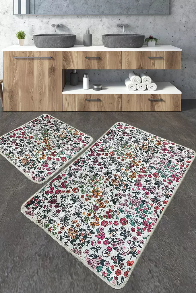 Ylellinen Kylpyhuonemattosetti 2-osainen - 100% Polyesteri, Monivärinen, Koko 60x100cm ja 50x60cm, Konepestävä - Kylpyhuonematot ja kosteantilan matot - 8683743317240 - 1